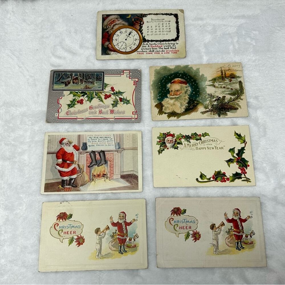Antique Christmas Post Card Santa Embossed Lot of 7 Post Cards Early 1900s